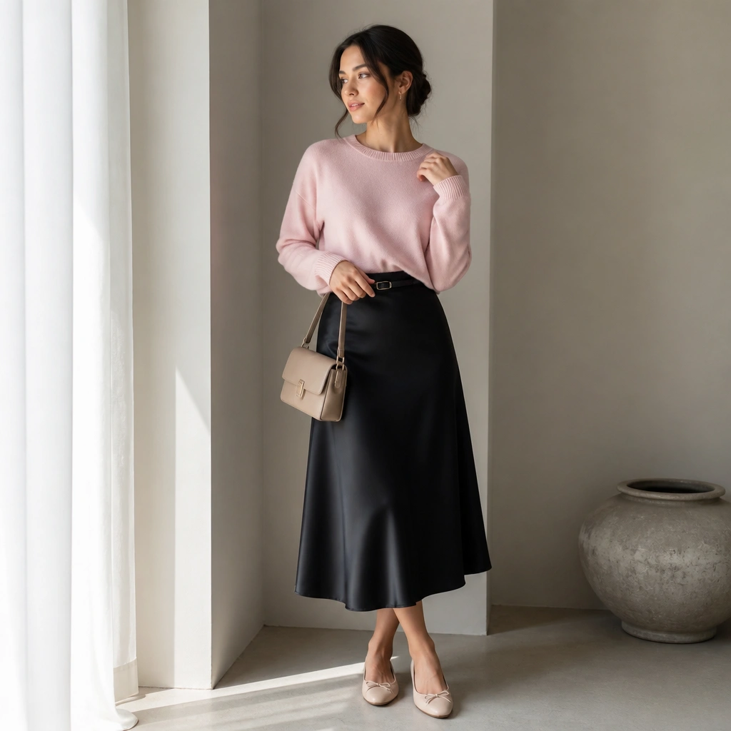 Light pink sweater worn over a black midi skirt with a subtle sheen. The outfit includes nude ballet flats, a thin belt at the waist, and a structured mini bag.