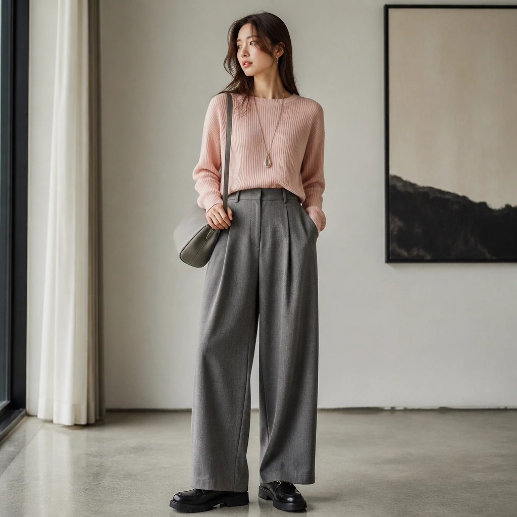 Ribbed light pink sweater tucked into gray wide-leg pants. The outfit includes chunky loafers, a long pendant necklace, and a soft gray crossbody bag.