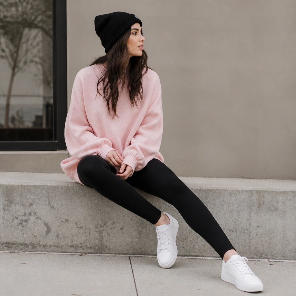 Oversized light pink sweater worn with black leggings and white sneakers. The sleeves are slightly bunched at the wrists, and a black beanie is visible.