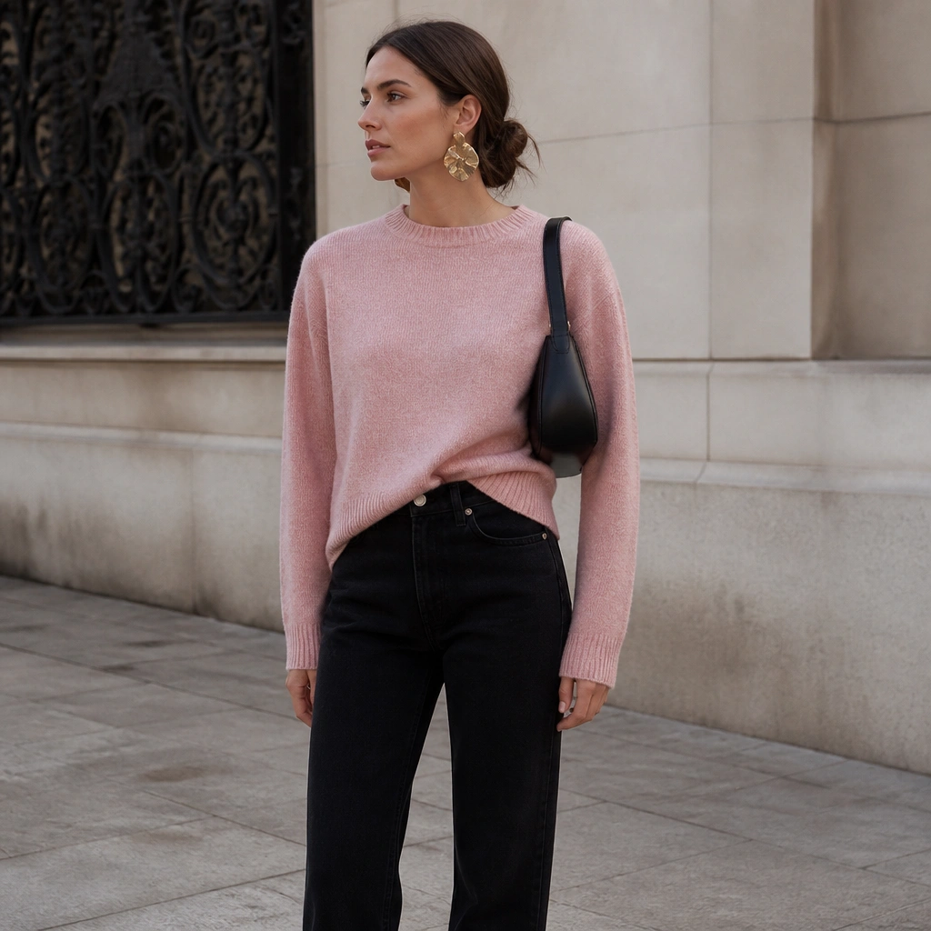 Light pink sweater worn with black straight jeans and a slightly cropped front tuck. The look features oversized statement earrings and a sleek black shoulder bag.
