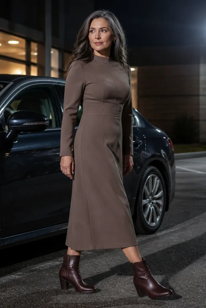Mocha brown crepe midi dress with oxblood ankle boots and a tan leather bag