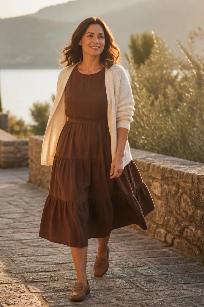 Chocolate brown tiered midi dress with a cream cardigan and nude flats
