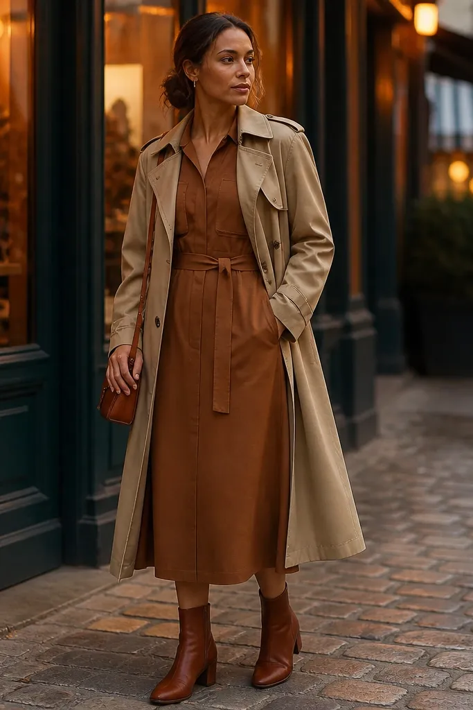 Warm brown belted midi dress with a tan trench coat and brown loafers
