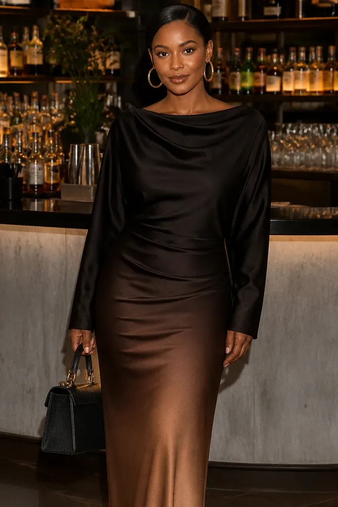 Black-to-brown ombre midi dress with gold hoop earrings and a small black bag