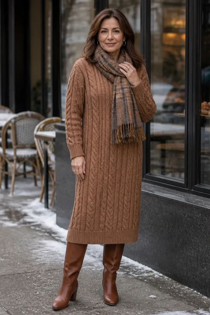 Caramel brown cable-knit midi dress with knee-high boots and a small crossbody