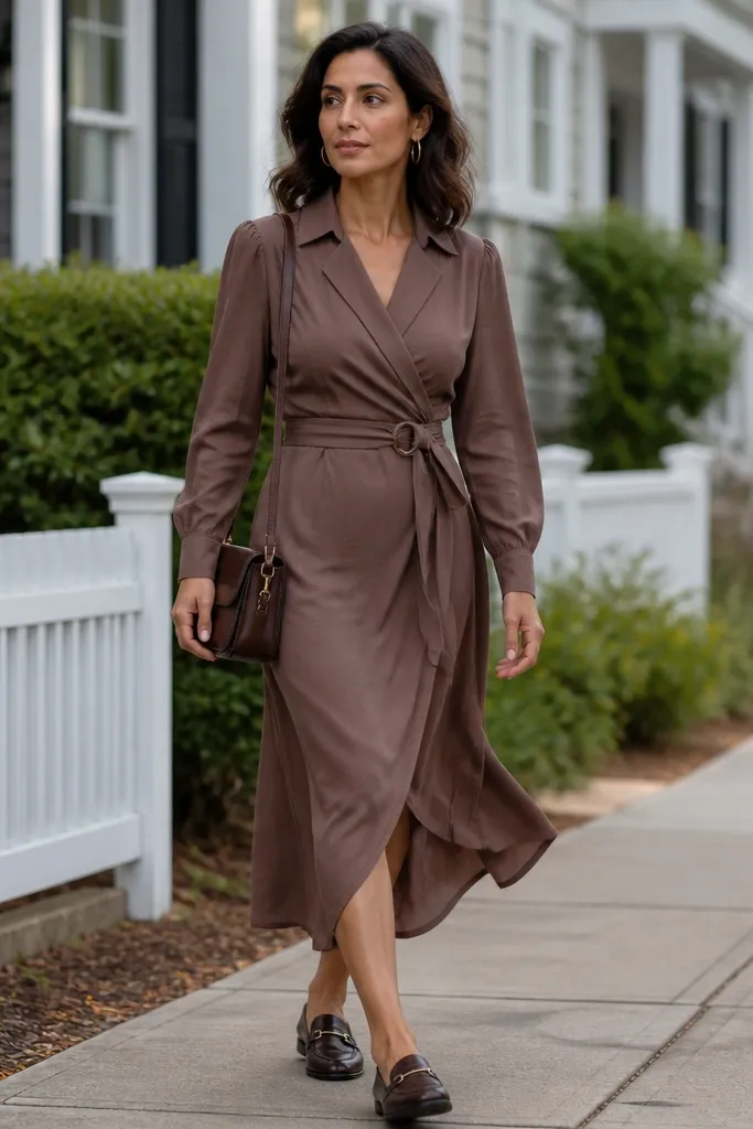 Mocha wrap shirt midi dress with belted loafers and a structured tote