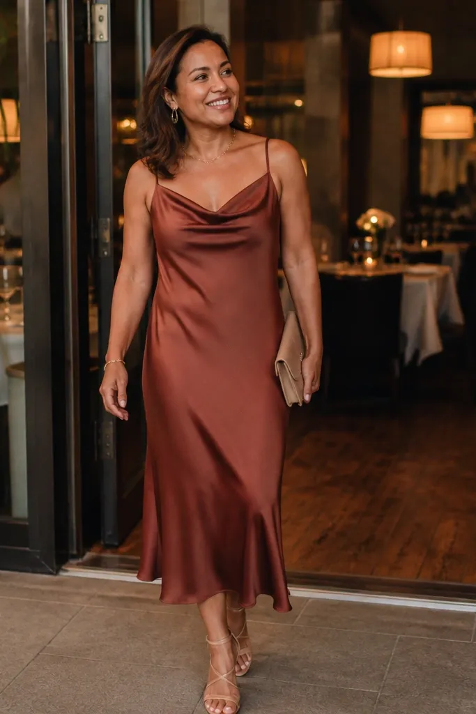 Terracotta-brown slip midi dress with satin strappy sandals and a gold clutch