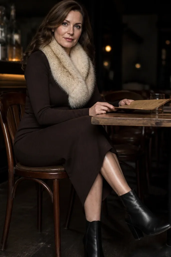 Dark chocolate brown midi dress with a cream faux-fur scarf and black ankle boots