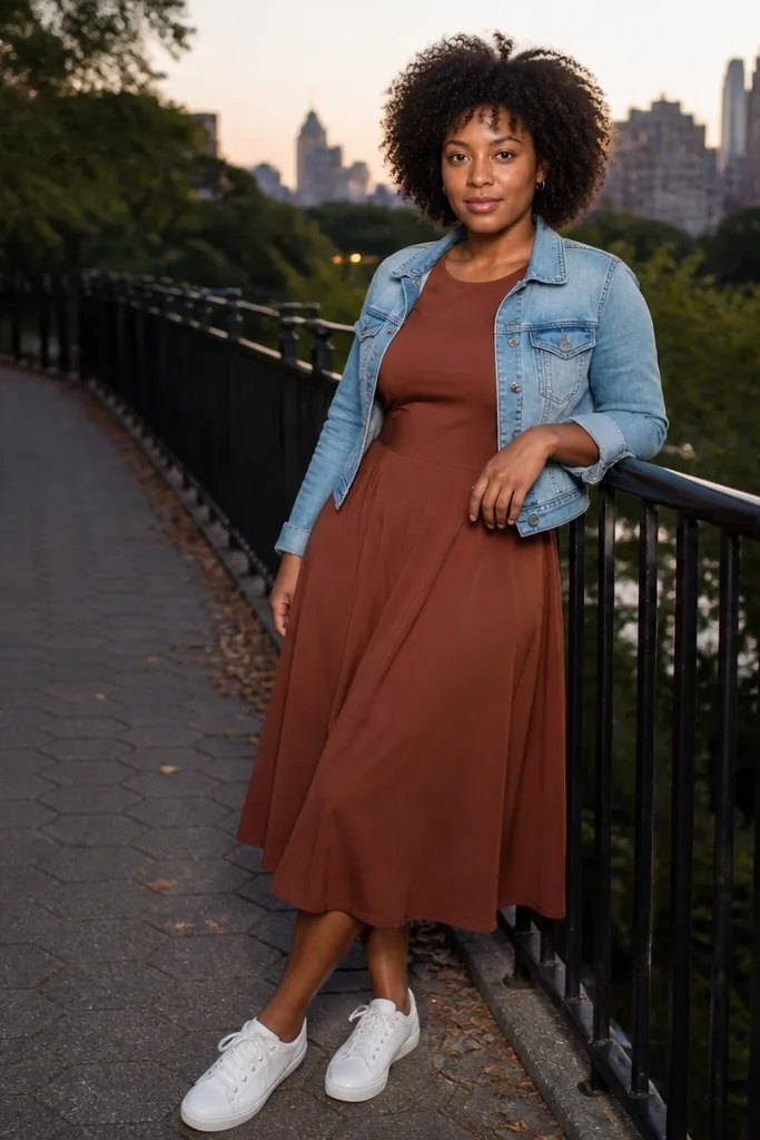 Cinnamon brown midi dress with a light denim jacket and clean white sneakers