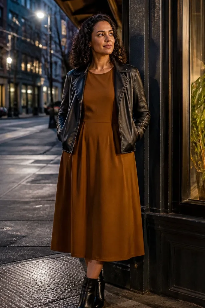 Caramel brown midi dress with a black leather jacket and black ankle boots