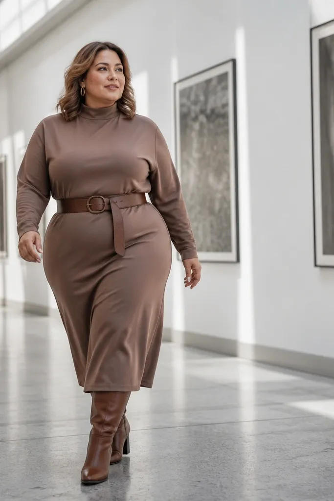 Mocha brown midi dress with wide-leg brown boots and a matching belt