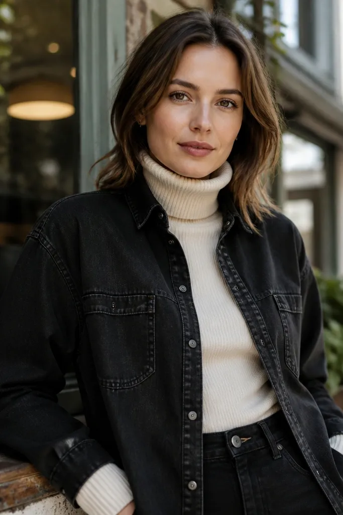 Cream turtleneck under black denim shirt with black jeans and brown Chelsea boots