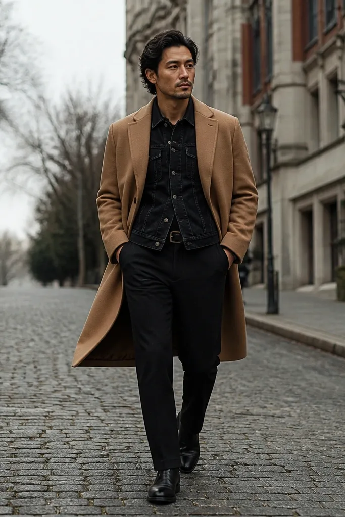 Camel overcoat over black denim jacket with black jeans and black leather boots