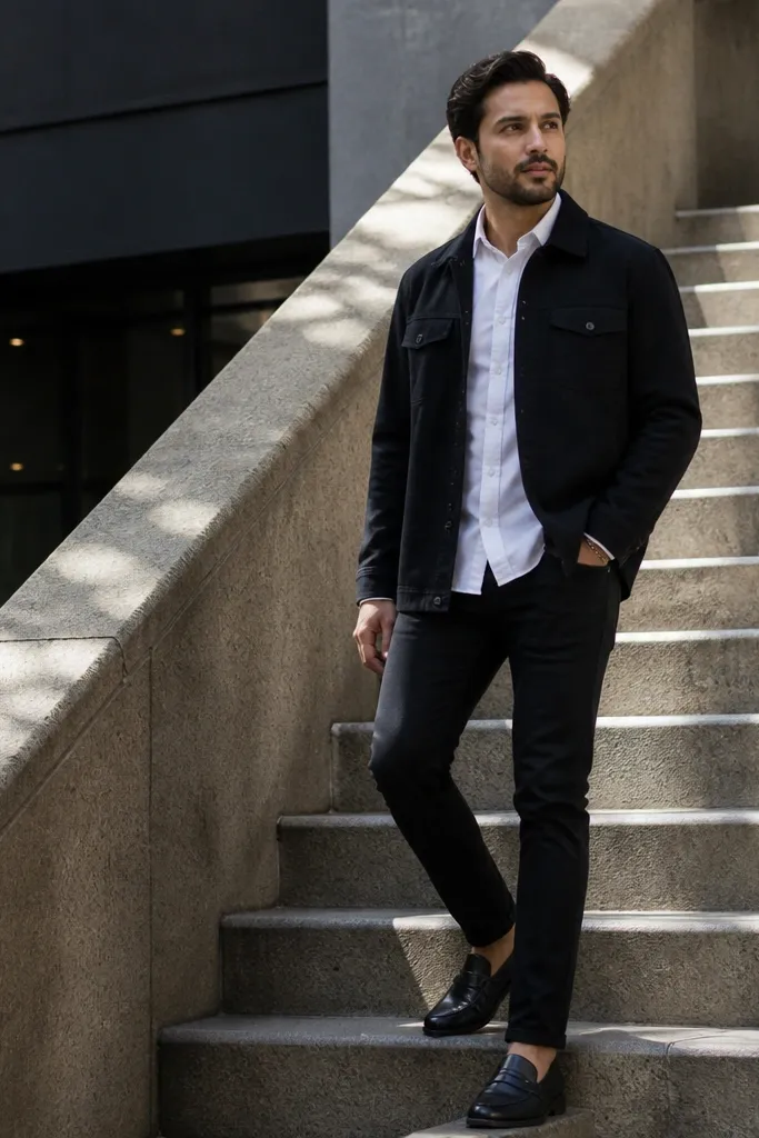 White Oxford shirt under black denim overshirt with black jeans and white sneakers