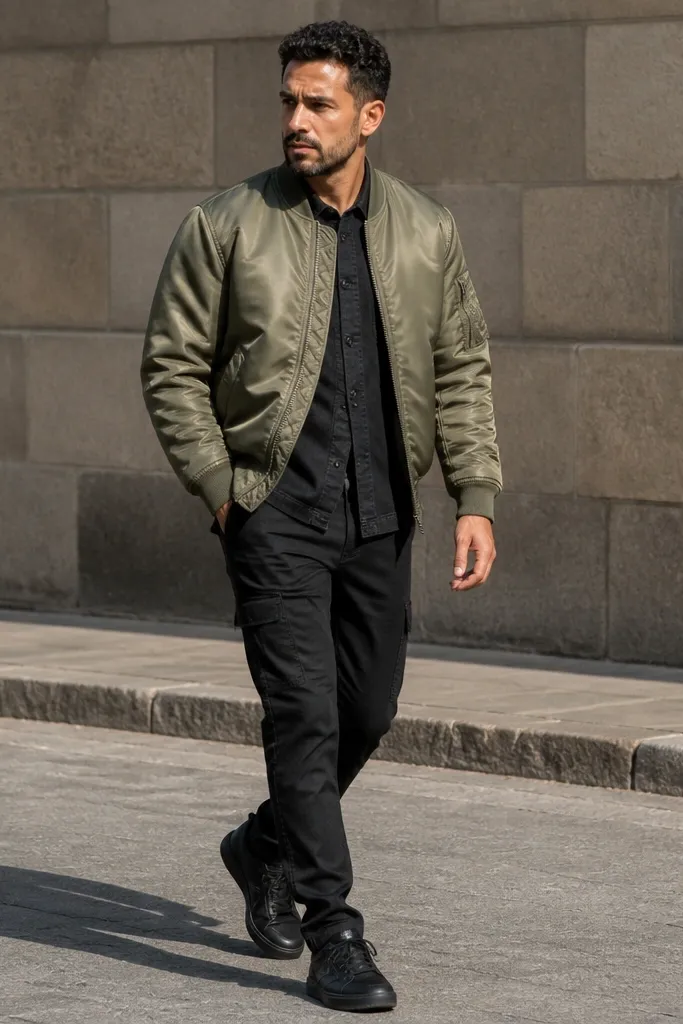 Olive bomber over black denim top with black jeans and dark brown boots