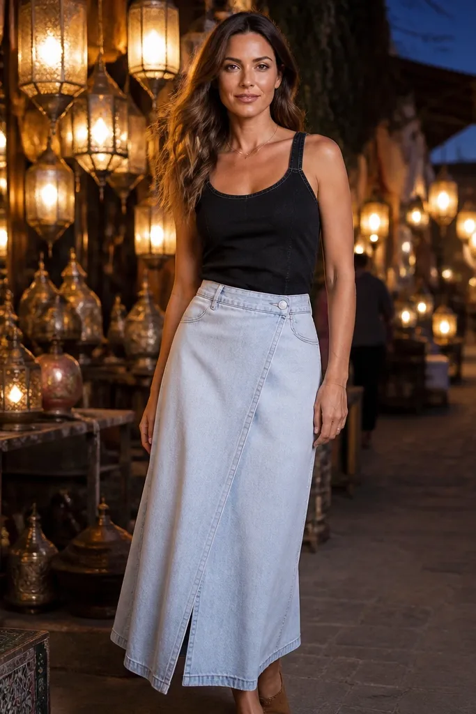Black denim tank top with light wash maxi skirt and tan sandals