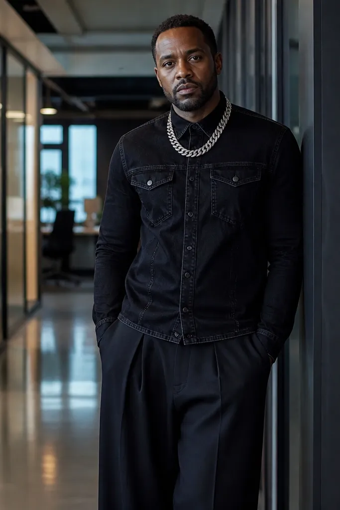 Black denim top with silver chain necklace and wide-leg black trousers