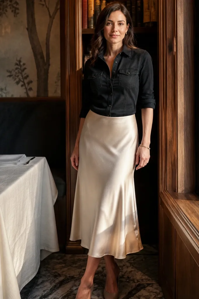 Black denim top with cream satin midi skirt and nude heels