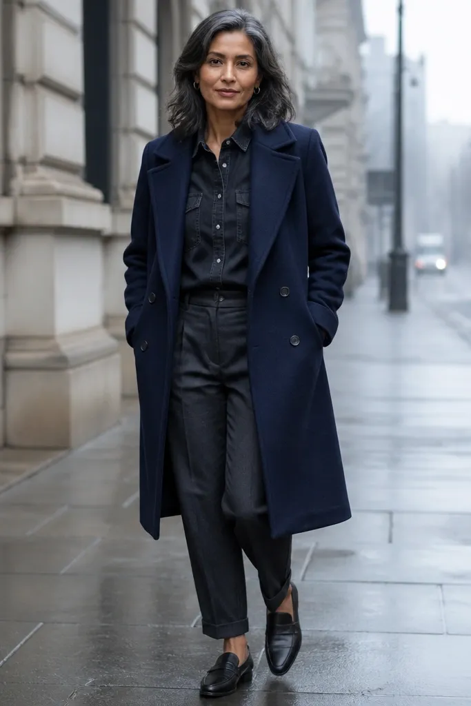 Black denim top under navy wool coat with black loafers