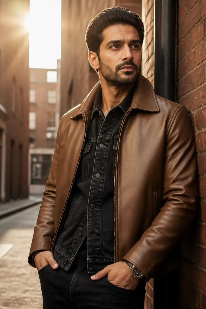 Black denim top with tan leather jacket and black jeans and brown boots