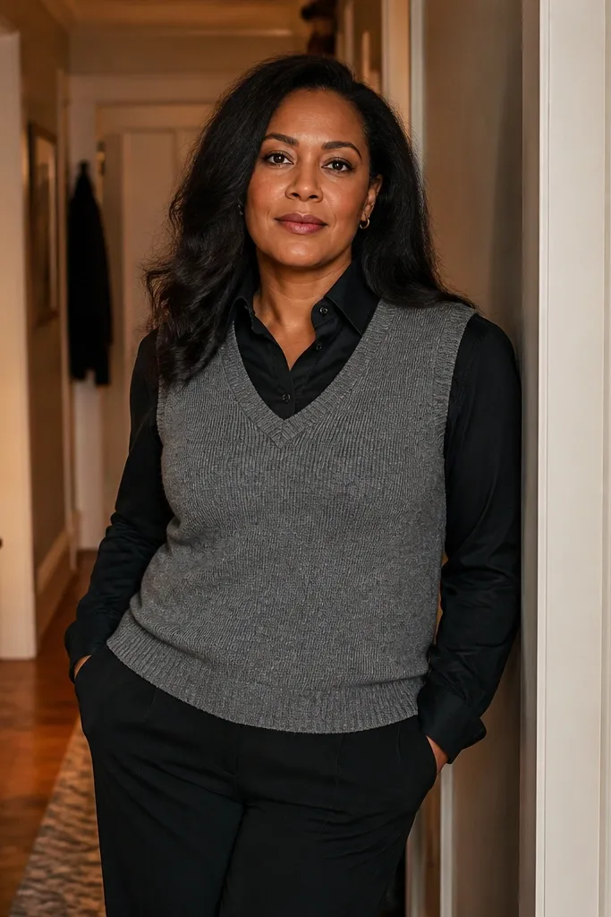 Gray sweater vest over black denim top with black trousers and dark boots
