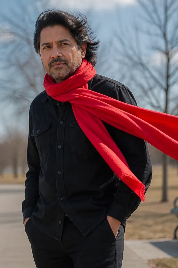 Black denim top with bright red scarf and black pants and black boots