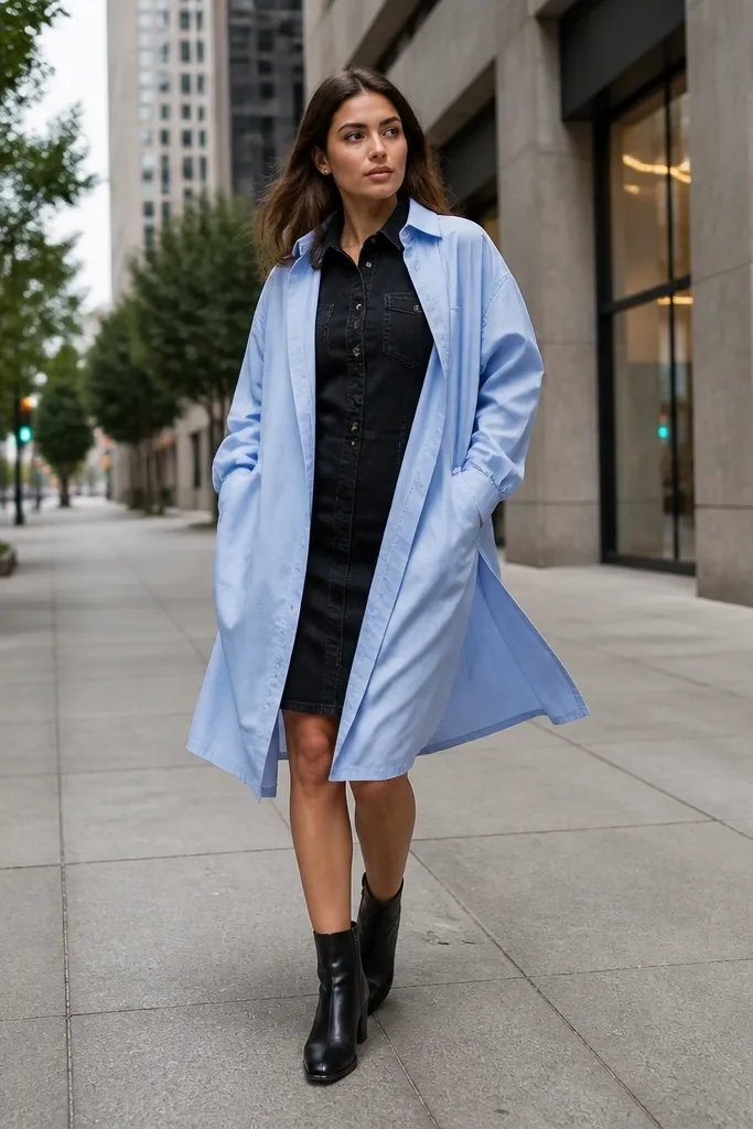 Black denim top layered under light blue oversized shirt dress with white sneakers