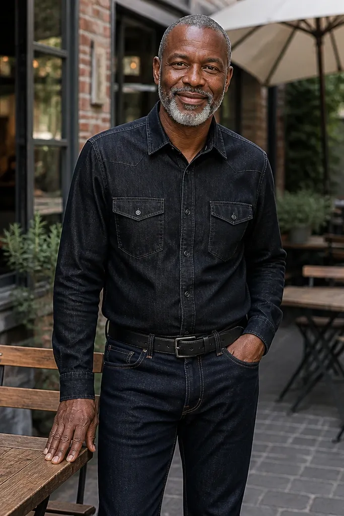 Black denim top with navy jeans and black leather belt and dark boots