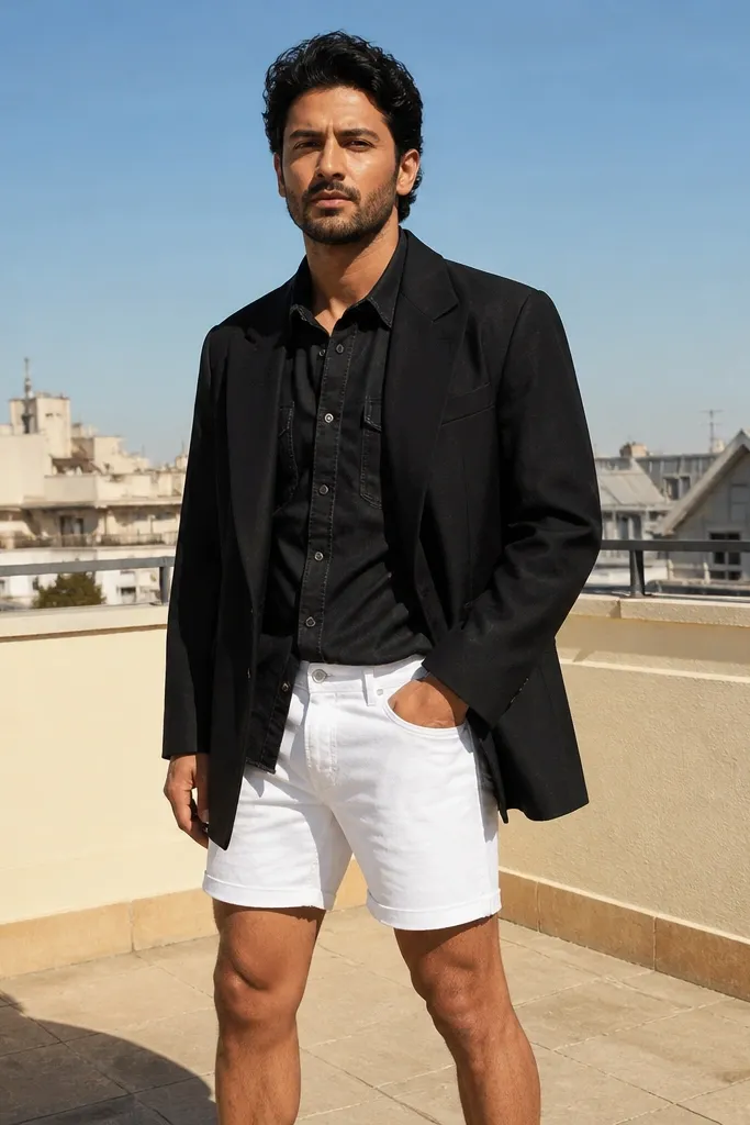 Black denim top with white denim shorts and oversized black blazer and loafers
