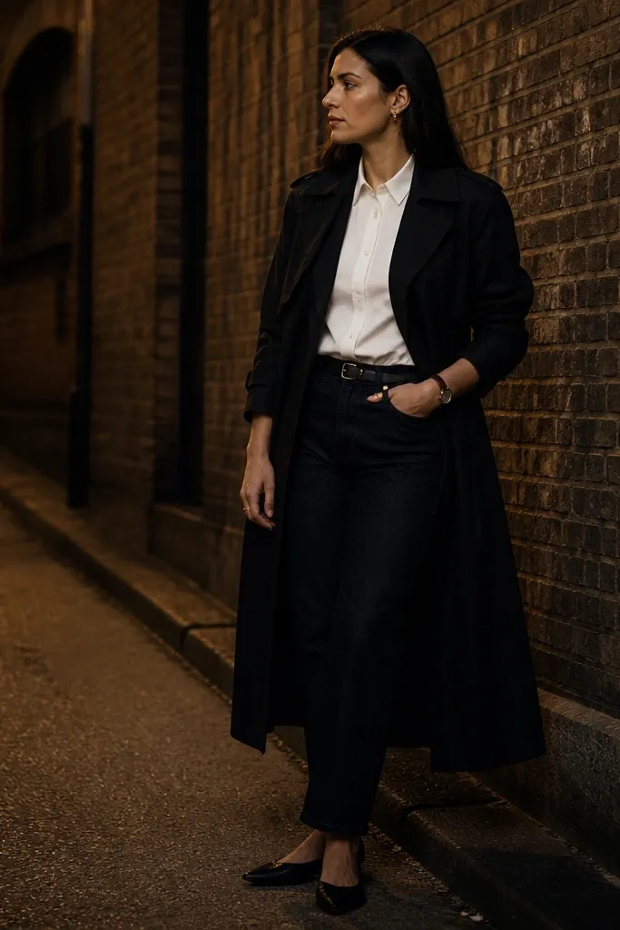 Black long trench over white shirt with dark straight jeans and brown boots