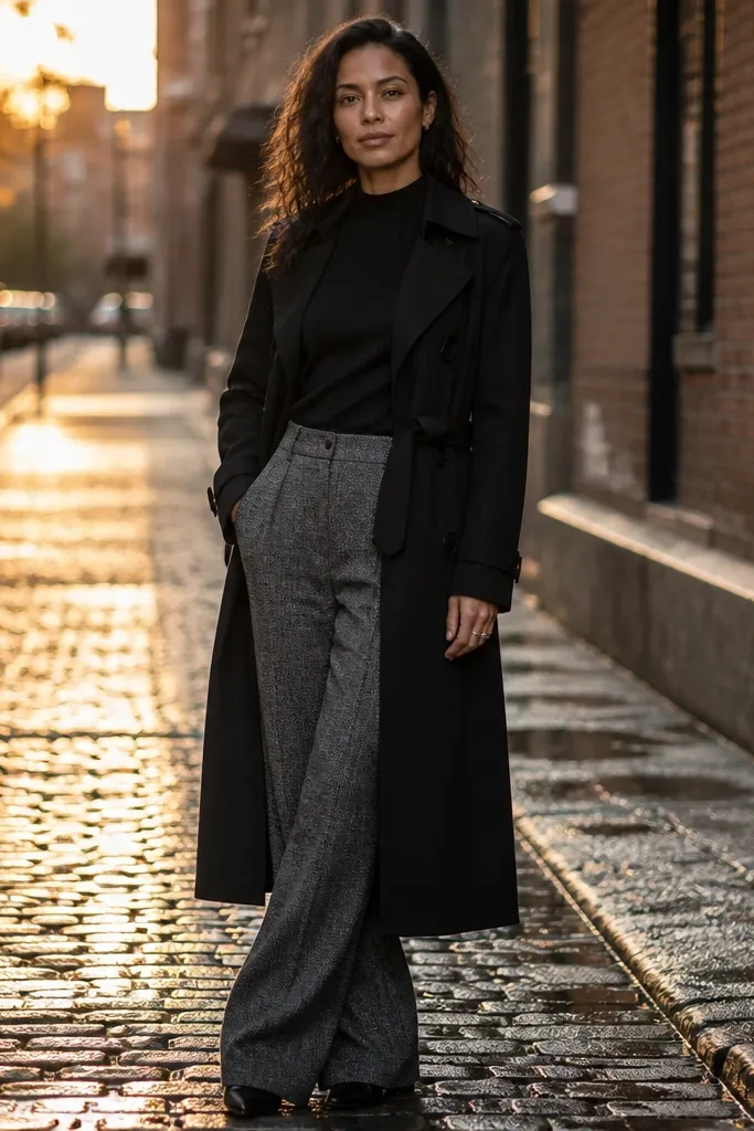 Black trench with gray wool trousers and a tucked black knit tee