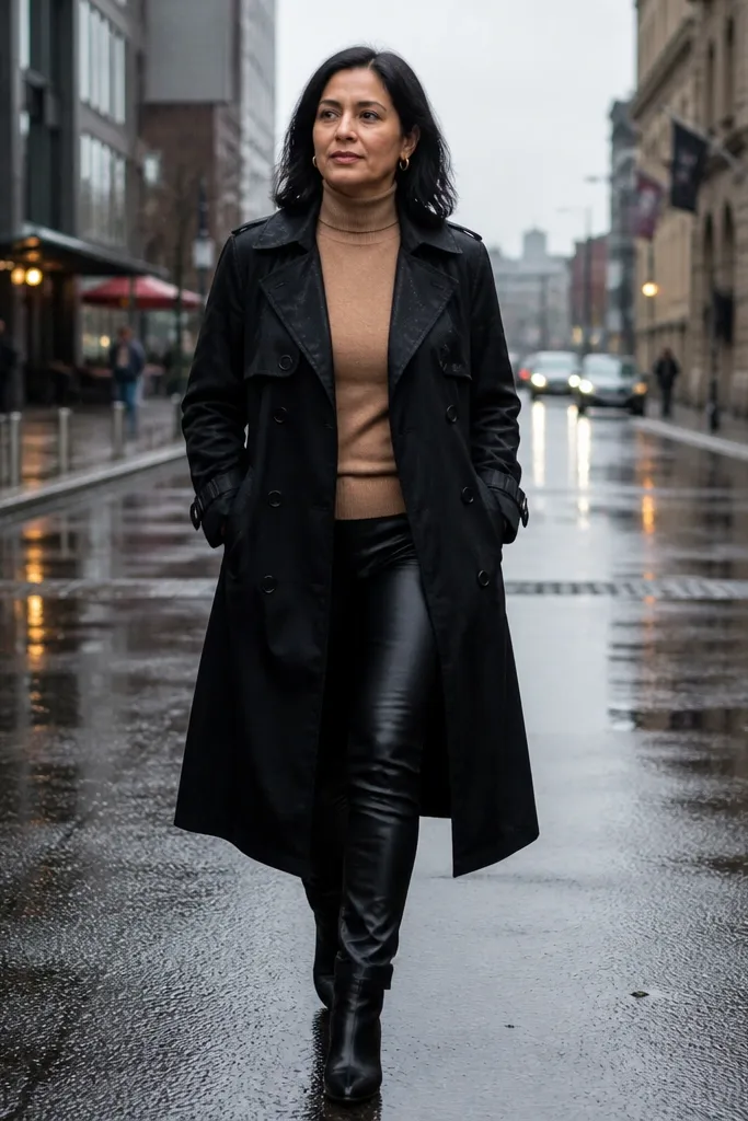 Black trench over camel turtleneck with black leather leggings and boots