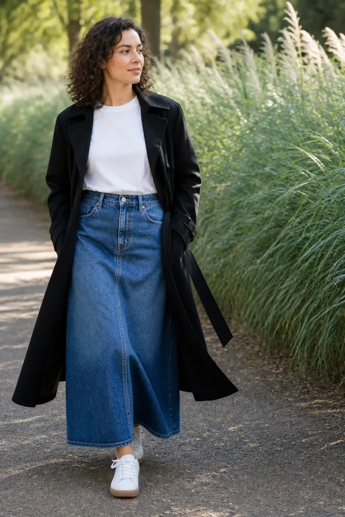 Black trench over white tee with blue denim maxi skirt and sneakers