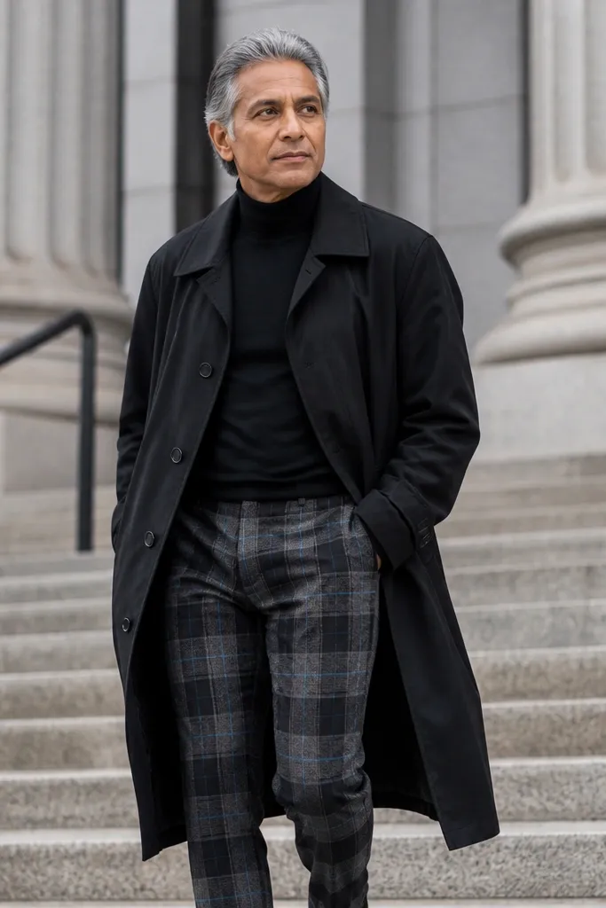 Black trench over black turtleneck with plaid trousers and dark loafers