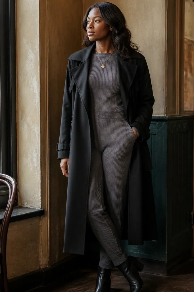 Black trench over ribbed knit matching set with sleek ankle boots