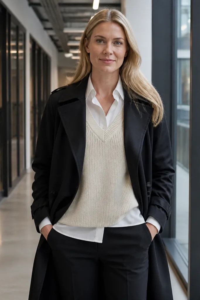Black trench with cream sweater vest over shirt and black trousers