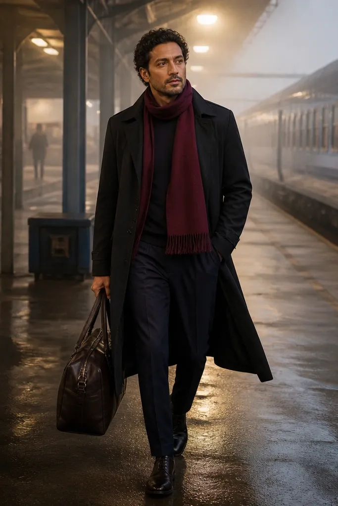 Black trench with burgundy scarf and navy suit trousers with leather boots