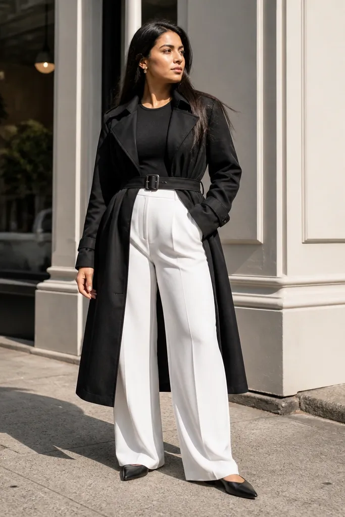 Black trench over black bodysuit with white wide-leg trousers and black heels