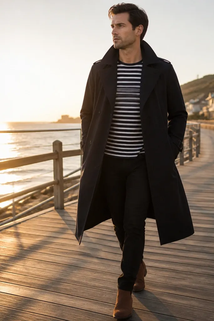 Black trench over striped Breton tee with black skinny jeans and loafers