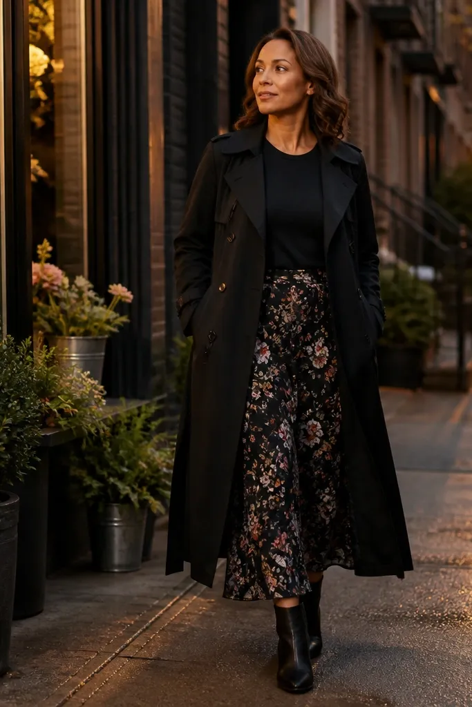 Black trench over black tee with floral midi skirt and ankle boots