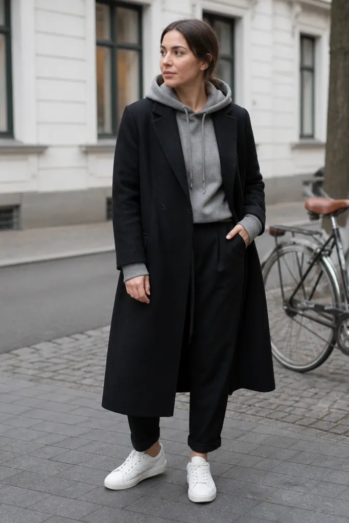 Black trench over gray hoodie with black chinos and white sneakers