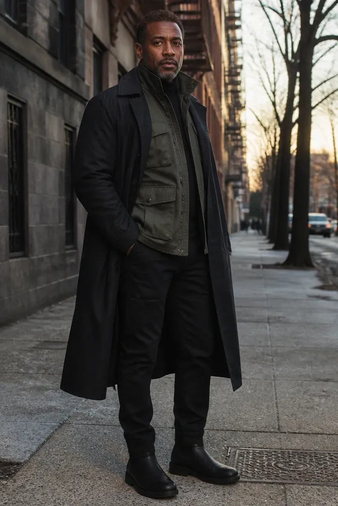 Black trench over olive utility jacket with black jeans and dark boots