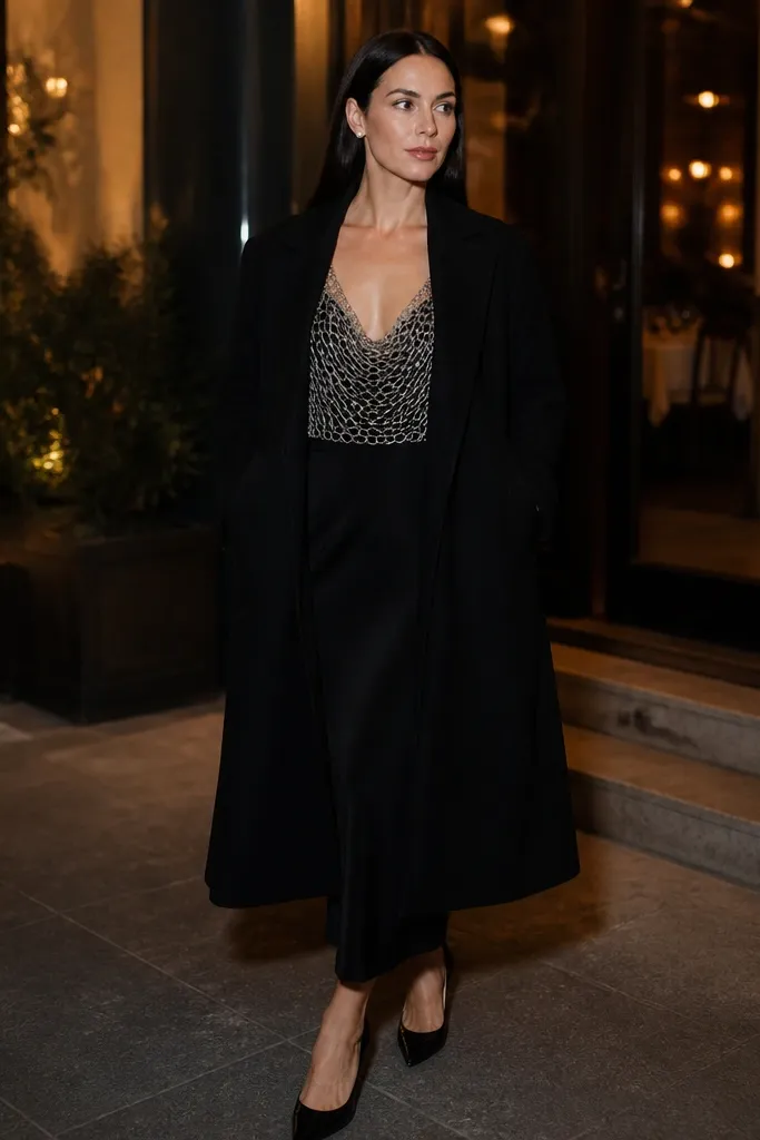 Black trench over black midi slip skirt with a silver chain top and heels