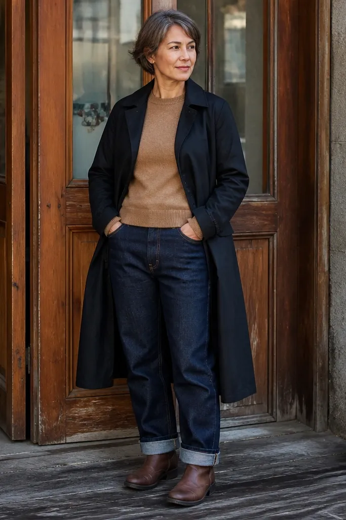 Black trench over tan crewneck with dark blue selvedge denim and boots