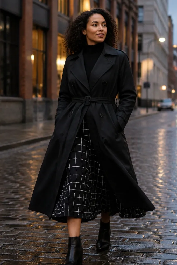 Black trench with black turtleneck and black-white check midi skirt