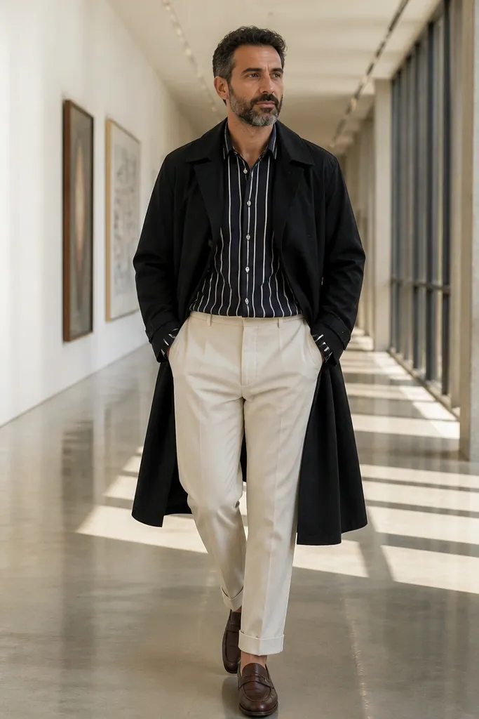 Black trench over black striped shirt with cream trousers and loafers