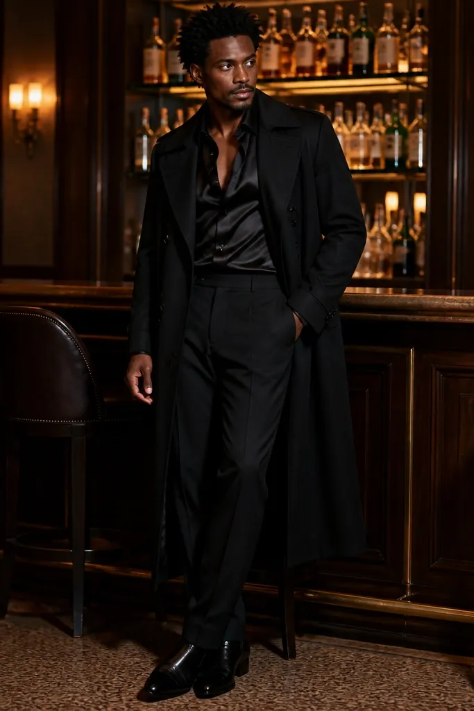 Black trench over satin shirt with black suit trousers and pointed shoes