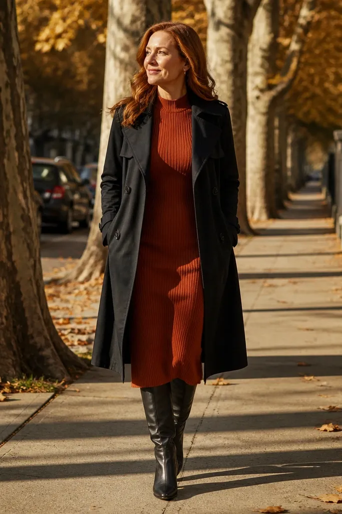 Black long trench over rust ribbed midi dress with black knee boots