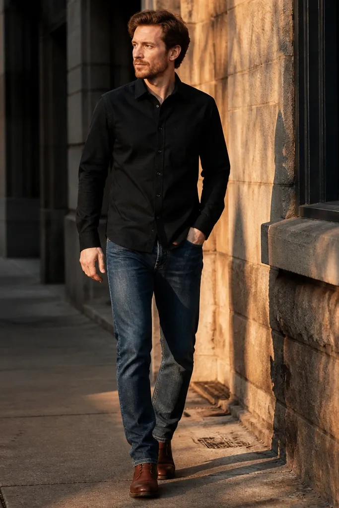Black oxford shirt with medium indigo jeans and brown leather boots