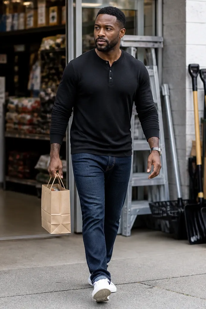 Black henley shirt with dark blue jeans and white sneakers